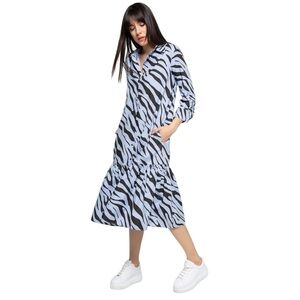 Zara Women’s Animal Print Lite Blue Black Zebra Pattern Button Front Shirt Dress
